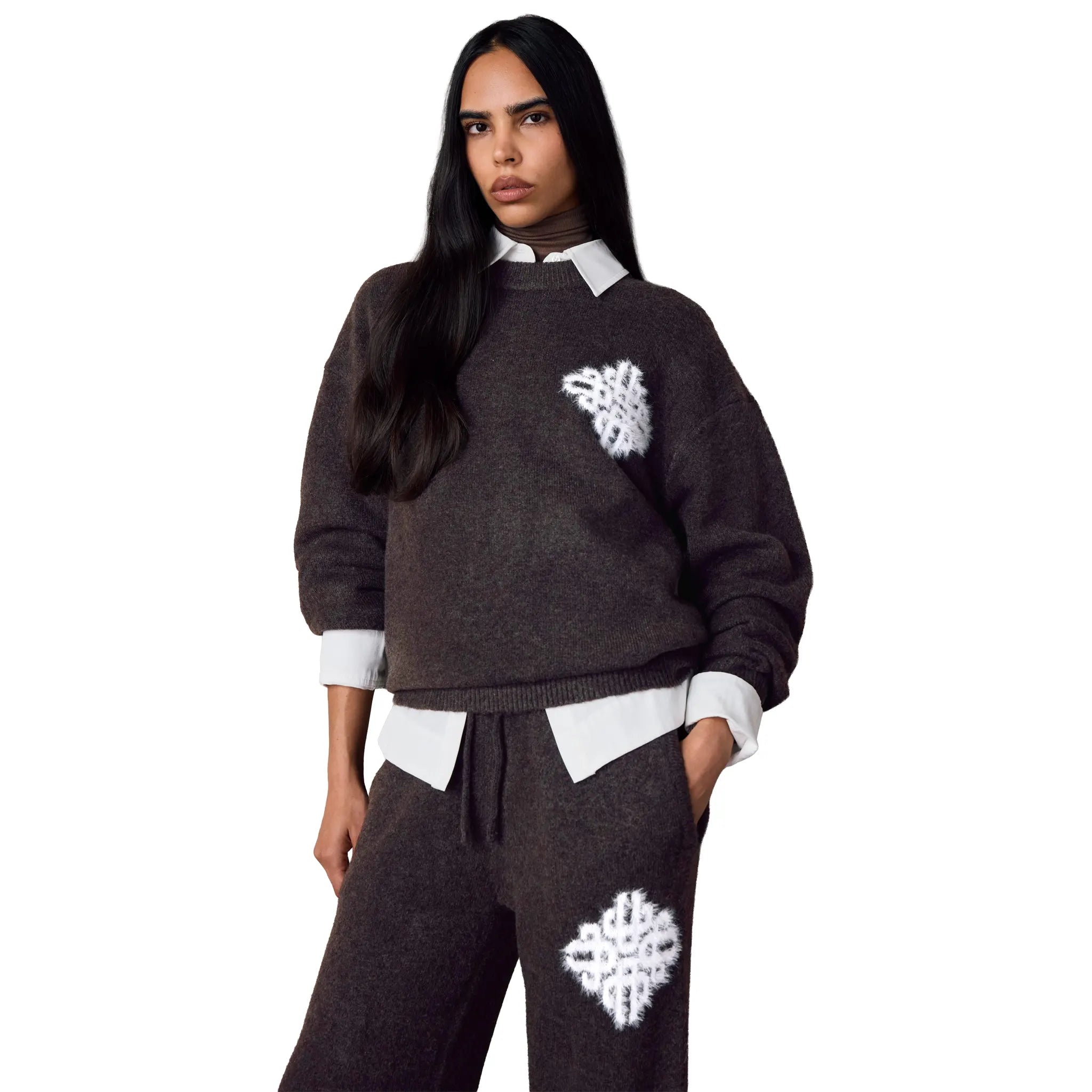The Couture Club Emblem Fluffy Knit Brown Sweatshirt